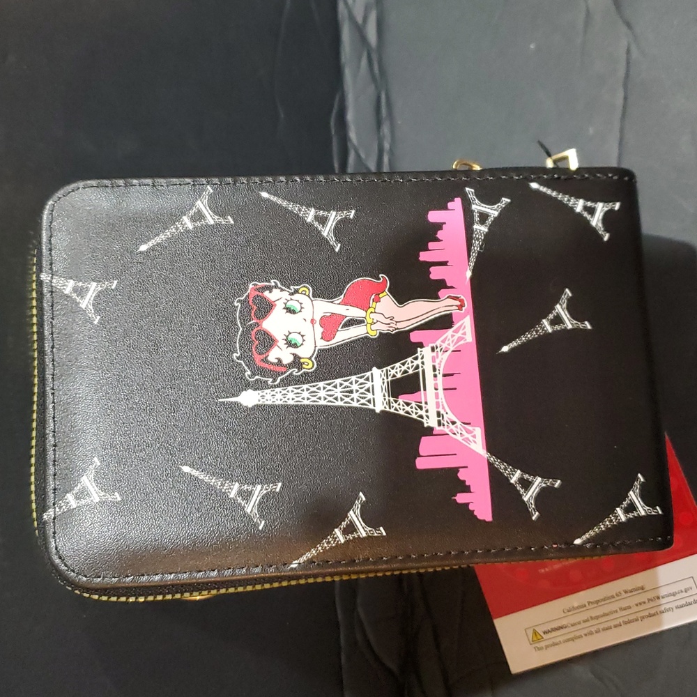 Betty Boop in Paris black trifold camera style crossbody bag with monogram strap